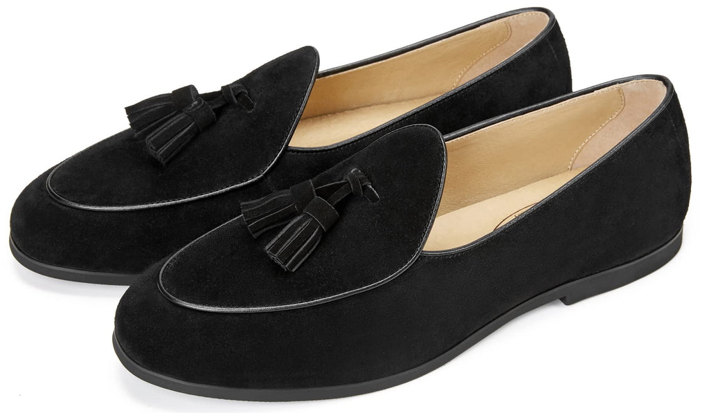 Journey West Men's Tassel Slip-on Loafer Belgian Suede Loafers Casual Leather Shoes for Men Black US 9