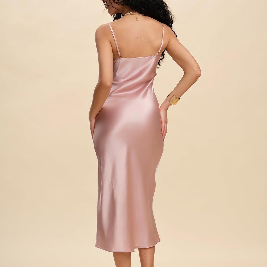 MOLISILK Pure Mulberry Silk Dress for Women Summer Slip Long Dress A Line Sleeveless Cocktail Guest Party V-Neck Sexy Dresses Formal Elegant Evening Spaghetti Strap Nightgown,Pink,XS