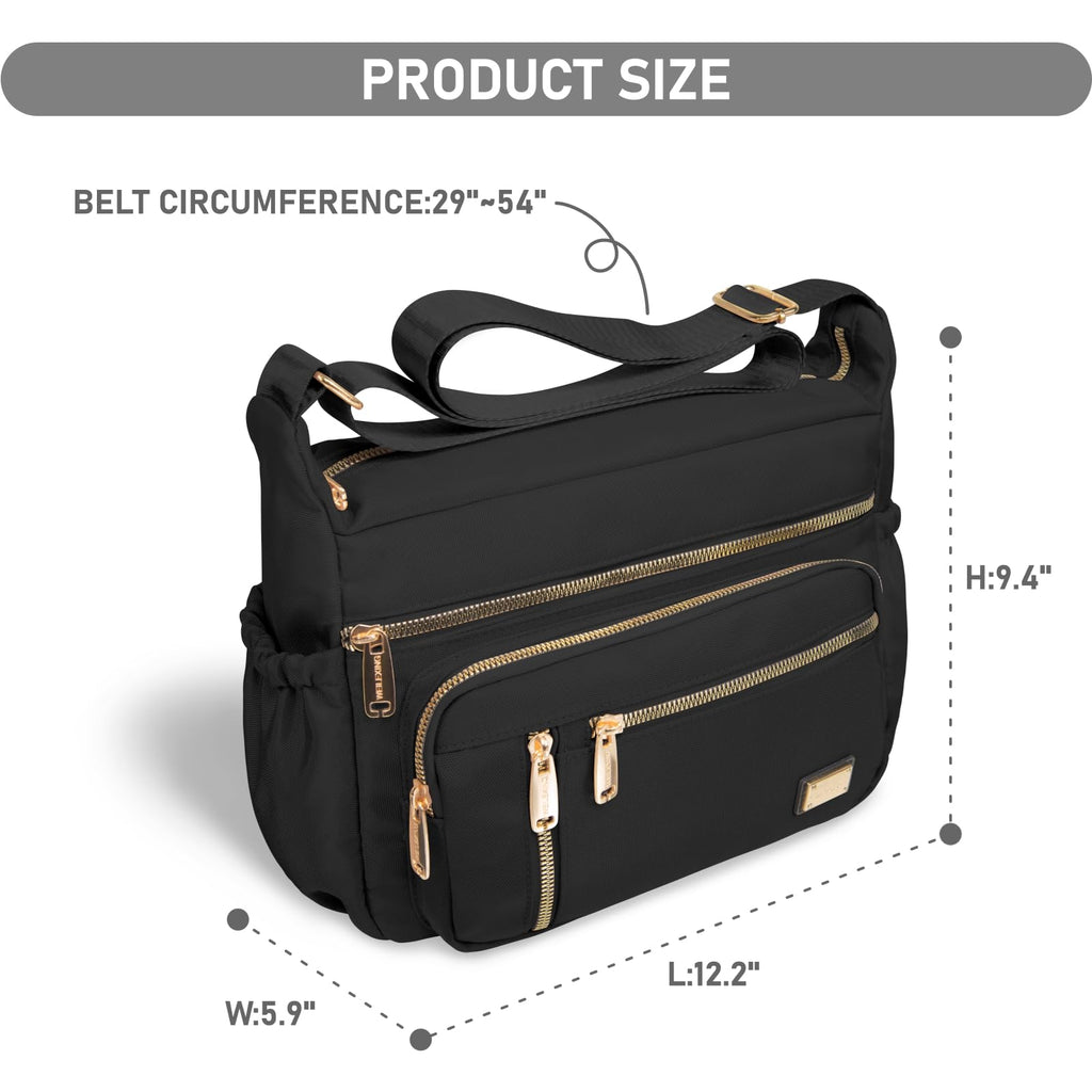 NPBAG Crossbody Bag for Women, Nylon Shoulder Purse Handbag Messenger Bag, Trendy Pocketbooks, Waterproof and Multi-Pockets (Black)