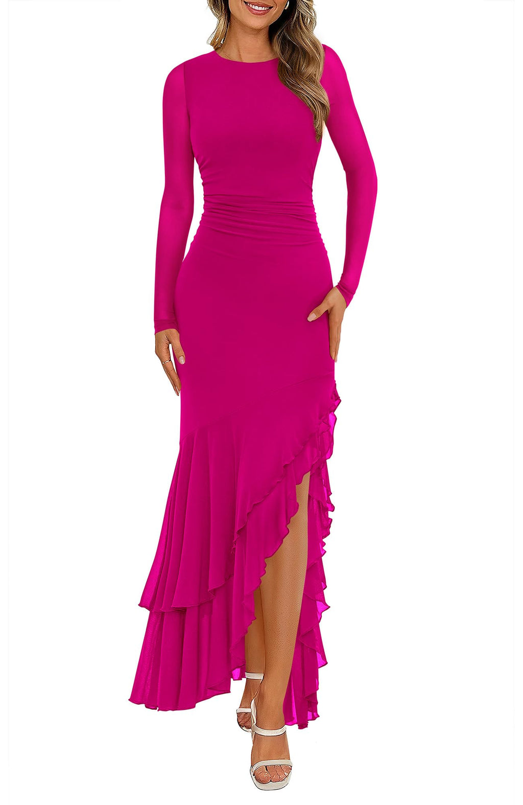 BTFBM Women's Maxi Dresses Fall 2025 Long Sleeve Ruched Bodycon Solid Ruffle Mermaid Cocktail Wedding Guest Dress(Rose Red,Small)