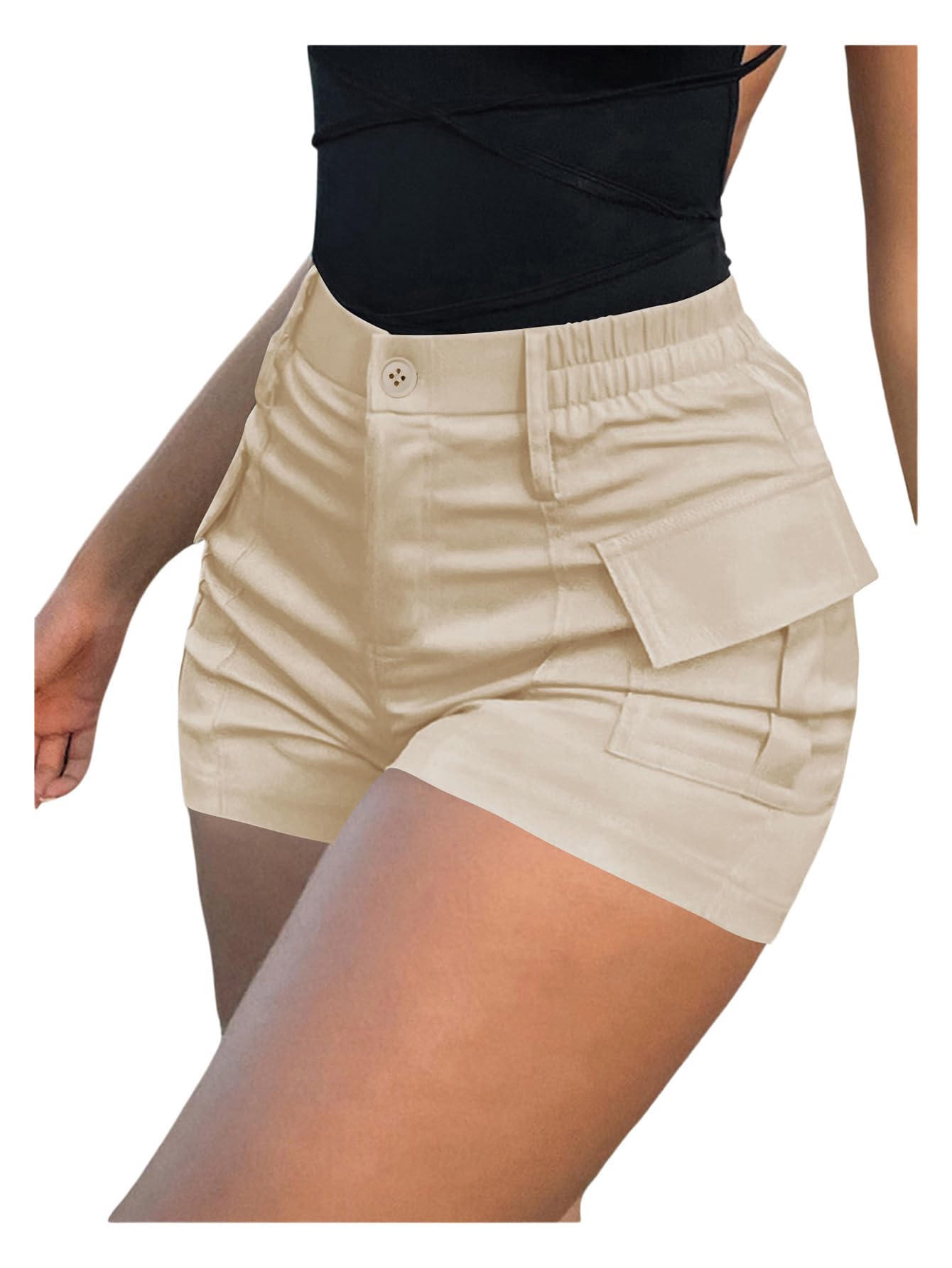 WDIRARA Women's High Waist Button Streetwear Cargo Shorts with Pockets Apricot Medium