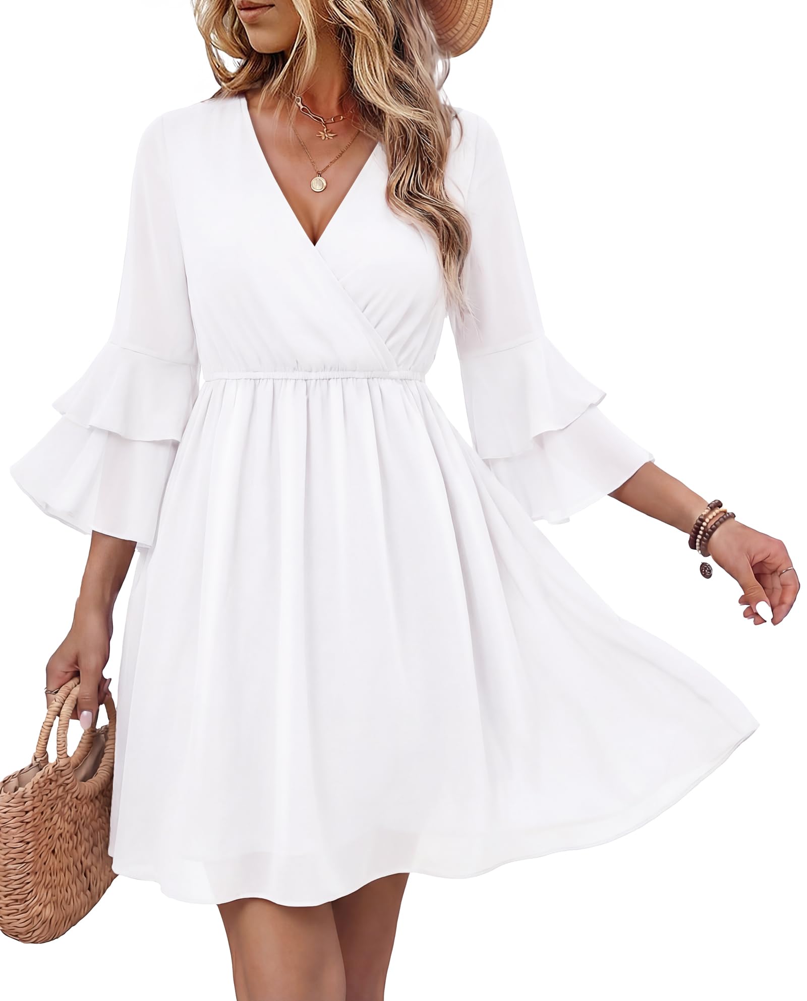 Bebonnie Plus Size White Wedding Dresses for Curvy Women: Ladies Flowy Sleeve Spring Summer Beach Vacation Vegas Dress Formal Engagement Church Party Cocktail Graduation Boho Maxi Dresses White XXL