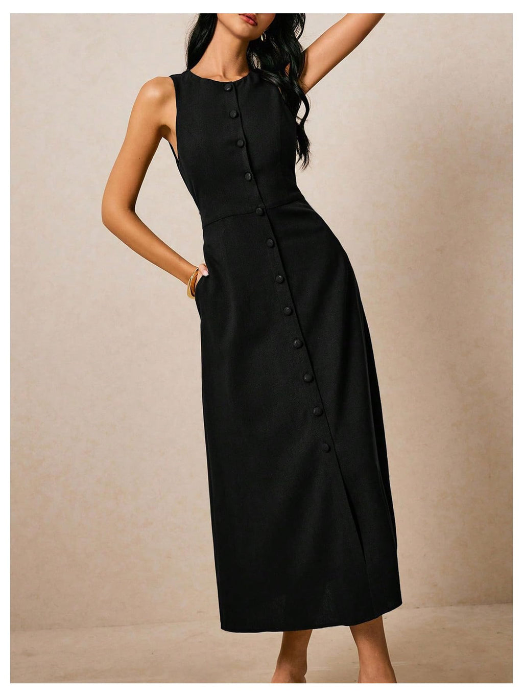 WDIRARA Women's Button Down Sleeveless Midi Dress Crew Neck Tie Back Dressy Tank Dress with Pockets Black Medium