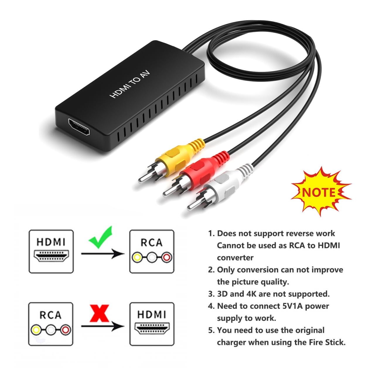 Dingsun HDMI to RCA Converter Adapter HDMI to Older TV Adapter for Apple TV, Roku, Fire Stick, DVD, Blu-ray Player ect.