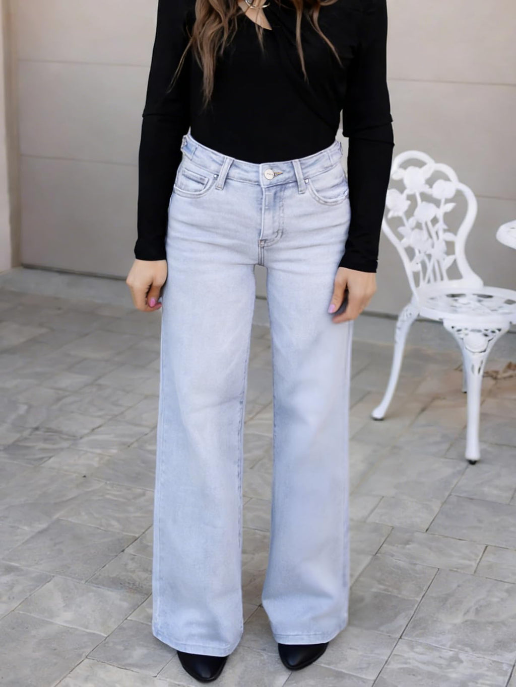 ONESO Mid-Low Rise Baggy Jeans Wide Leg for Women Distressed Pants Stretchy Bottom Lady Basic Comfortable Denim