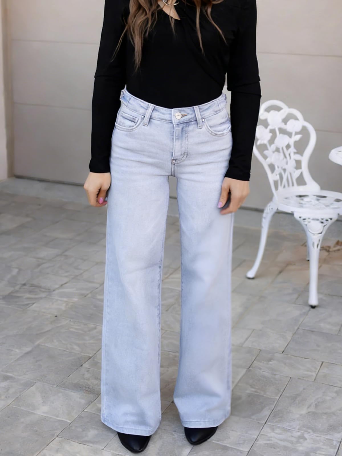 ONESO Mid-Low Rise Baggy Jeans Wide Leg for Women Distressed Pants Stretchy Bottom Lady Basic Comfortable Denim