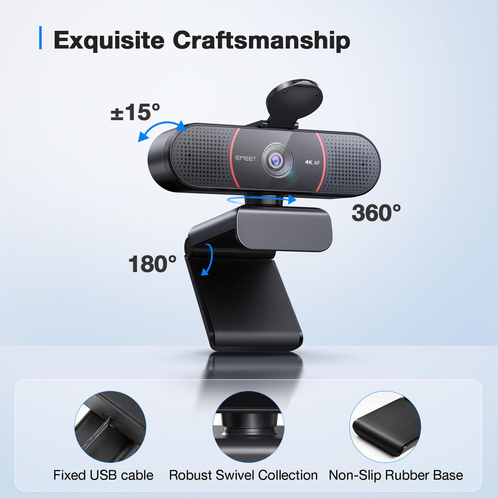 EMEET C960 4K Webcam for PC, 4K UHD Sony Sensor, PDAF Auto Focus, Dual AI Noise-Cancelling Mics, Auto Light Correction, 73° FOV, Plug&Play Webcam w/Privacy Cover, Works w/Zoom/Teams/Skype/Google Meet