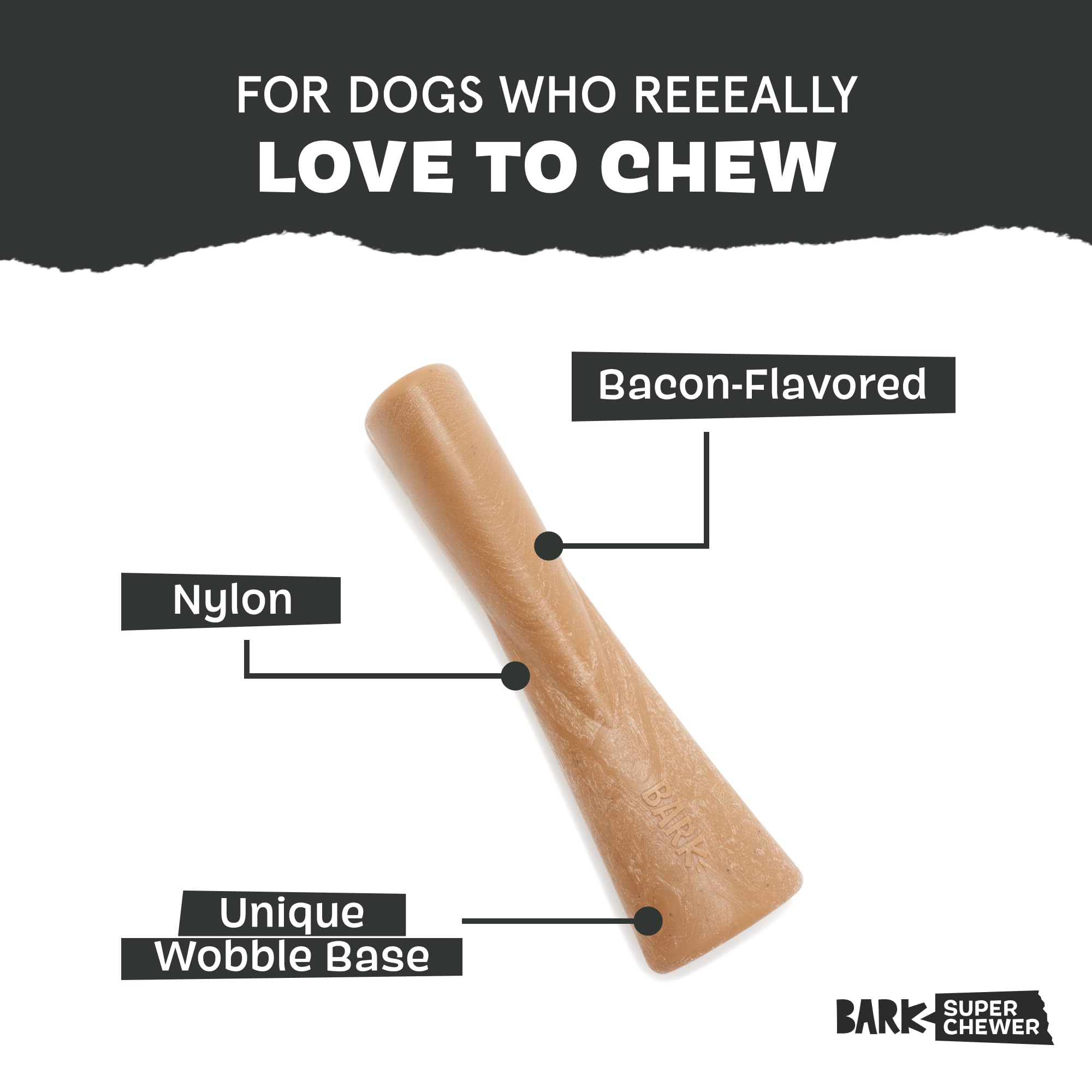 Barkbox Super Chewer Tough Dog Chew Toys for Aggressive Chewers, Dental Stimulating (Bacon Bone - Small)