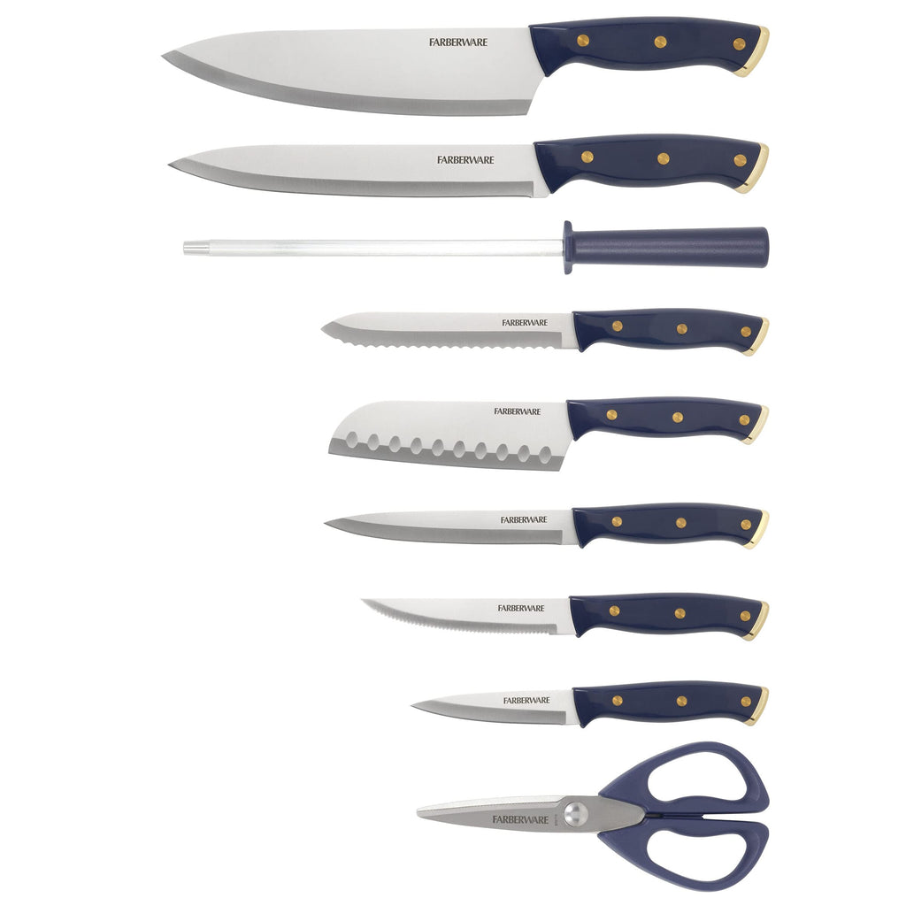 Farberware Triple Riveted Knife Block Set, 15-Piece, Navy and Gold, High-Carbon Stainless Steel Blades, Ergonomic Handles, Includes Wood Storage Block