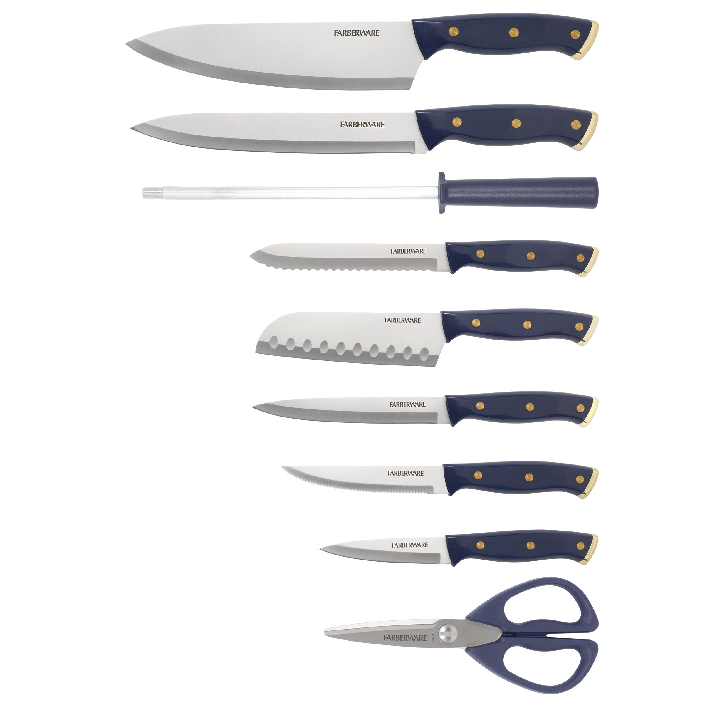 Farberware Triple Riveted Knife Block Set, 15-Piece, Navy and Gold, High-Carbon Stainless Steel Blades, Ergonomic Handles, Includes Wood Storage Block