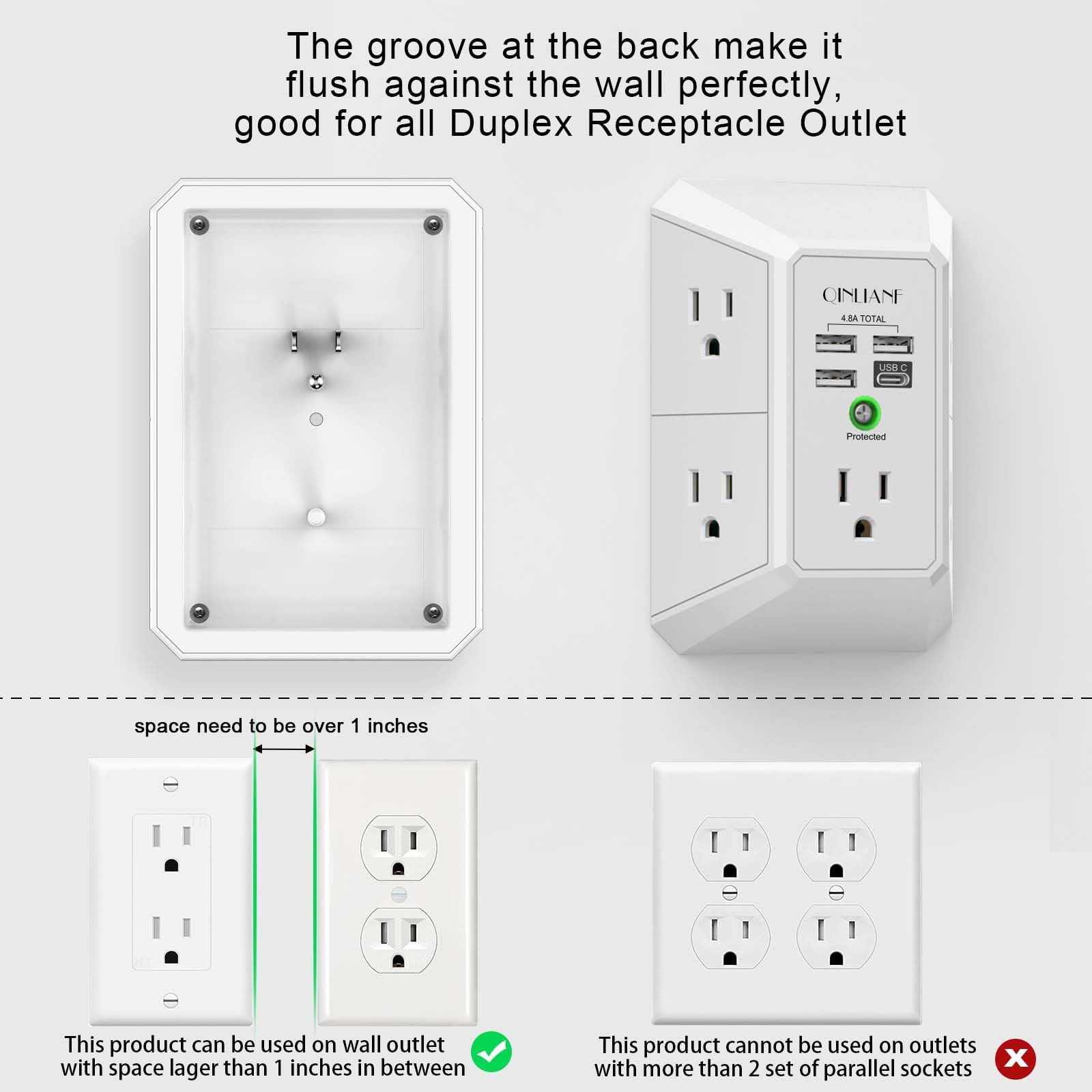 Wall Charger, Surge Protector, QINLIANF 5 Outlet Extender with 4 USB Charging Ports (4.8A Total) 3-Sided 1680J Power Strip Multi Plug Adapter Spaced for Home Travel Office (3U1C)