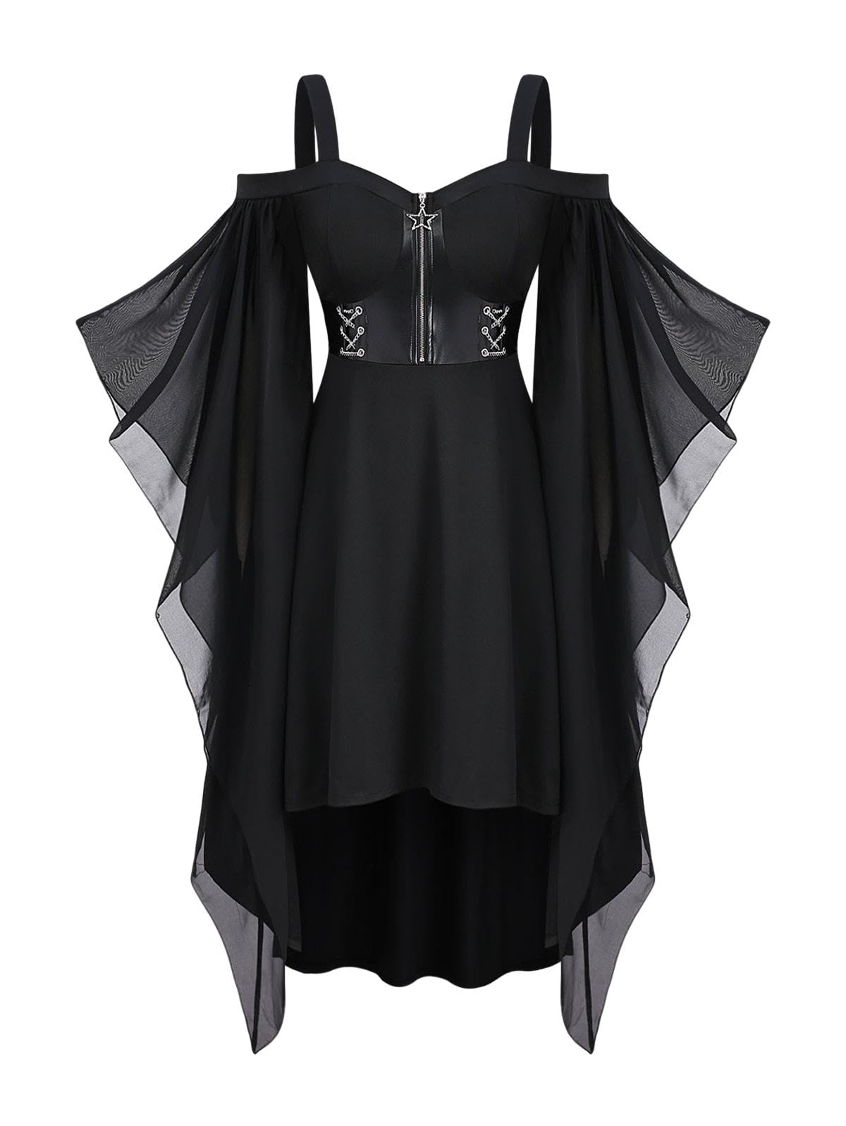 ROSE GAL Womens Plus Size Victorian Gothic Halloween Witch Renaissance Medieval Costume Cold Shoulder Chiffon Trumpet Sleeves Half Zip Vintage Bustier Dress(Black_2/L)