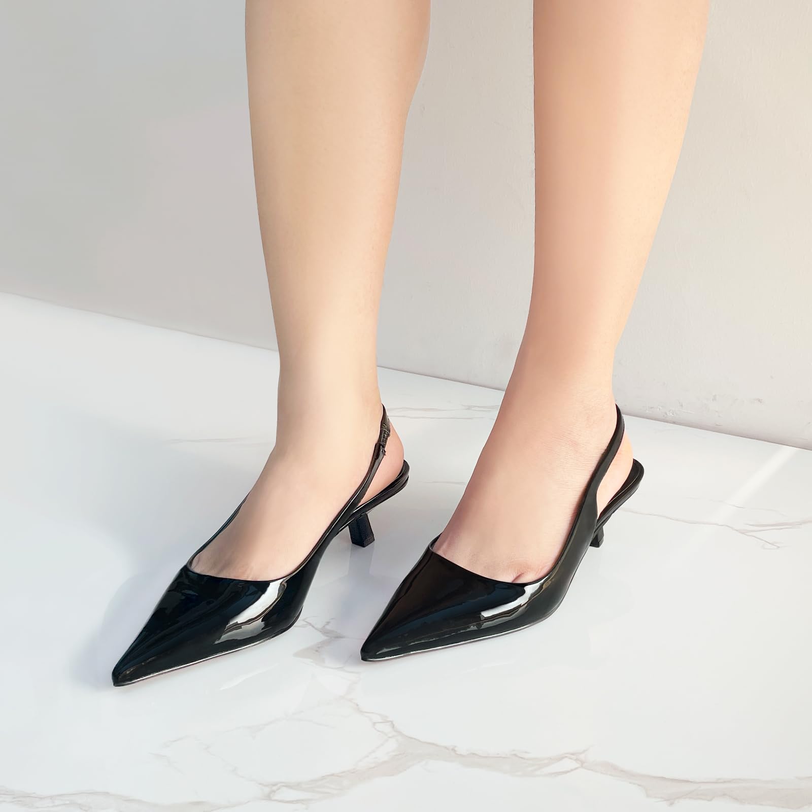 JENN ARDOR Black Slingback Kitten Heels Low Heeled Dressy Kitty Pumps for Women Going Out Short Sandals Fashion Casual Bridal Shoes Size 7.5