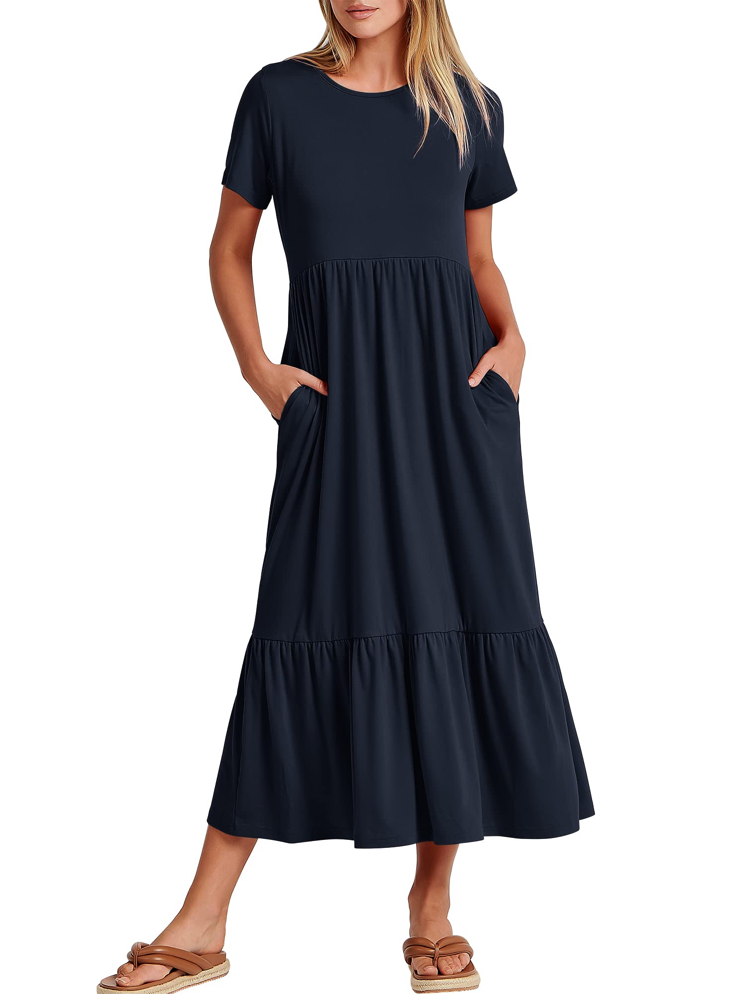 ANRABESS Womens 2025 Summer Casual Maxi Dress A line Tiered Flowy Short Sleeve Crewneck T Shirt Beach Travel Long Dresses X-Large Navy Blue