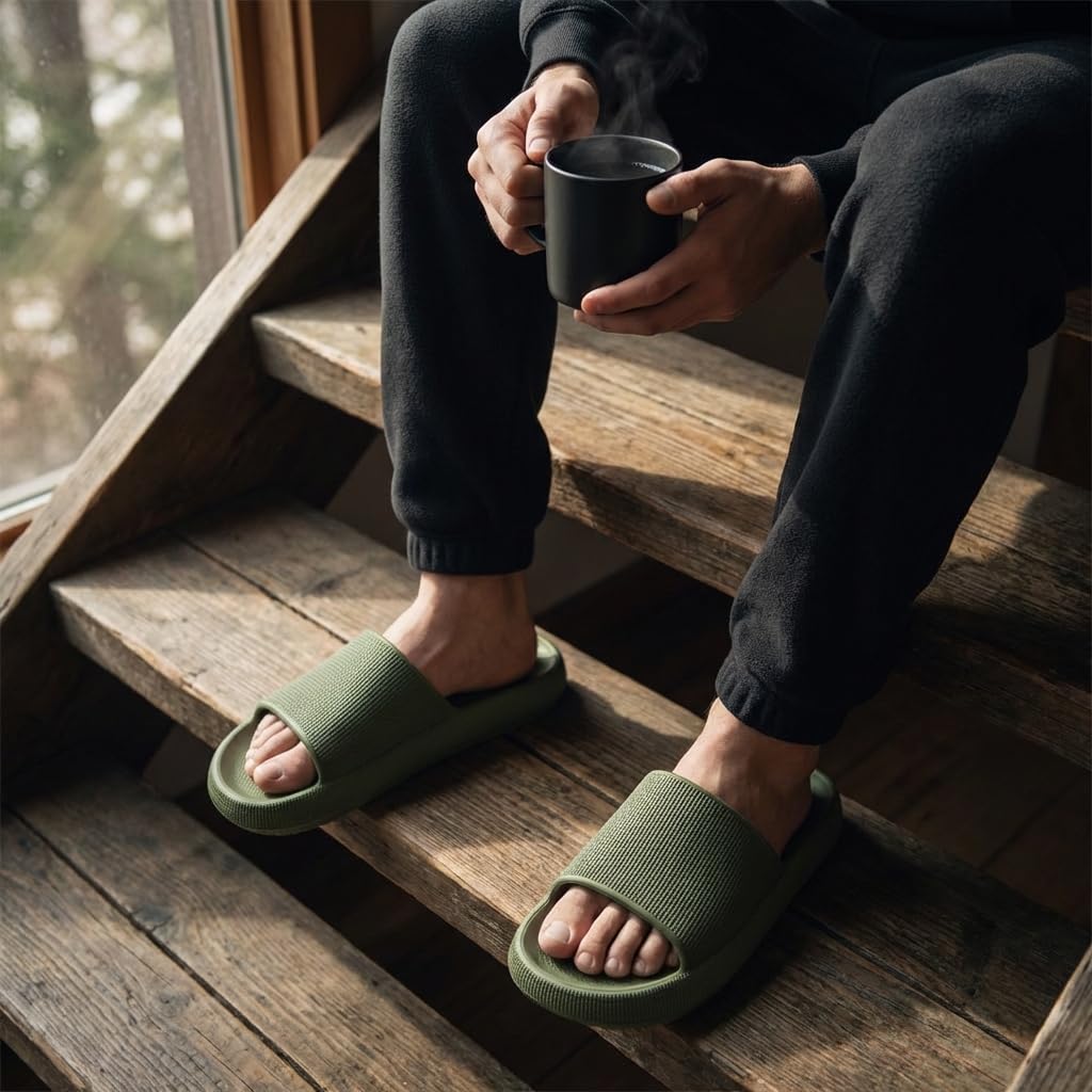 CUSHIONAIRE Feather EVA Mens Sandals – Slip On Recovery Slides, Lightweight Water Shoes for Men, GREEN 12
