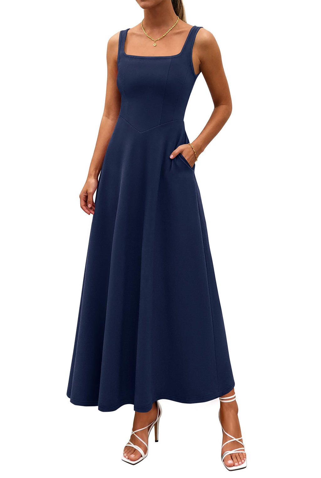 PRETTYGARDEN Womens Summer Dresses 2026 Sleeveless Elegant Square Neck Aline Swing Maxi Beach Wedding Guest Dress Pockets (Navy,Medium)