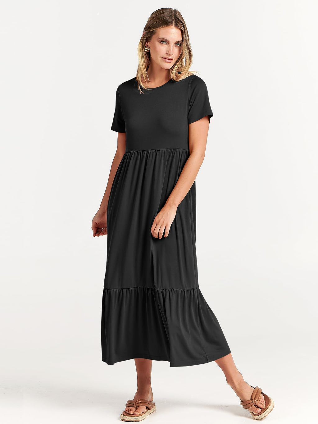 ANRABESS Womens 2025 Summer Casual Maxi Dress A line Tiered Flowy Short Sleeve Crewneck T Shirt Beach Travel Long Dresses Black Small