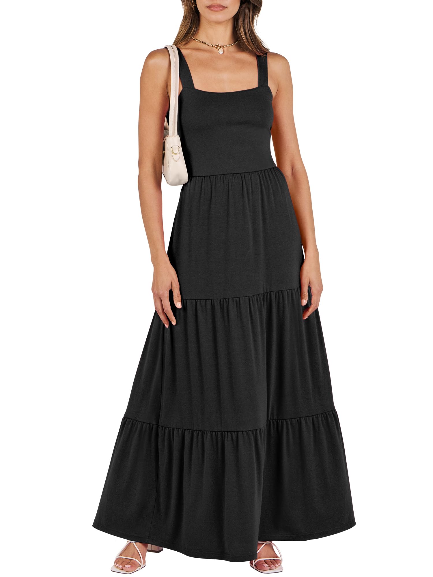 ANRABESS Women's Summer Casual Long Maxi Beach Vacation Dresses Sleeveless Square Neck Flowy Tiered Sun Dress with Pockets Black Large