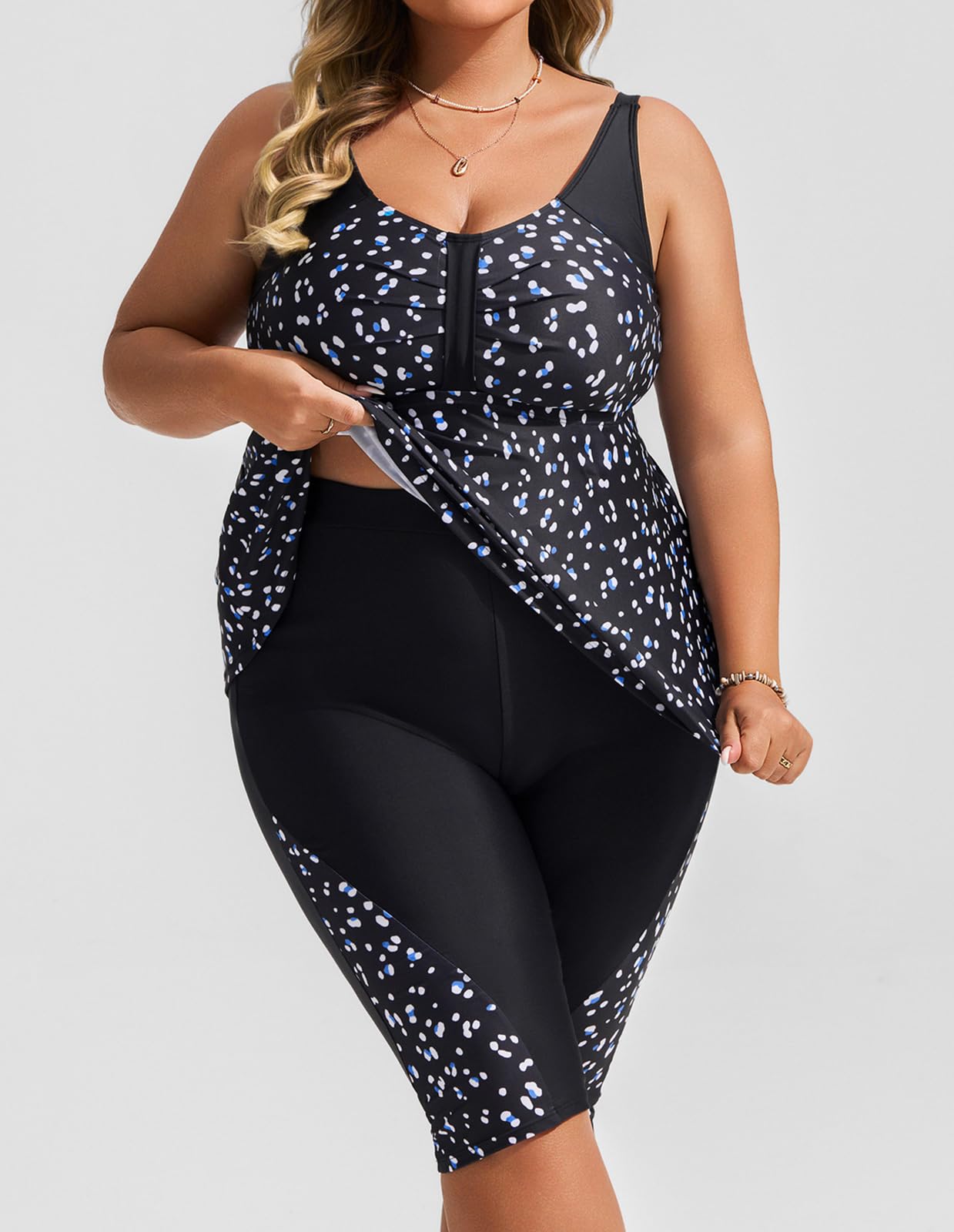 Hanna Nikole Womens Tankini Swimsuit Two Piece Tummu Control Bathing Suit Full Coverage Swimwear with Capris Shorts Blue＆White Dots XXL