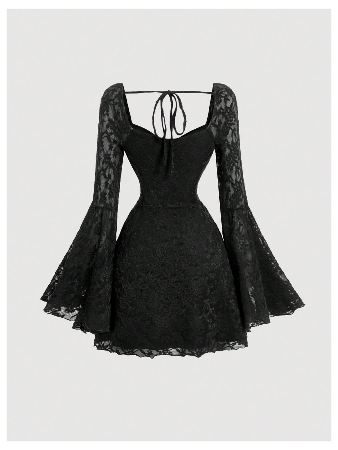 WDIRARA Women's Floral Jacquard Mesh Gothic Dress Bell Long Sleeve A Line Vintage Dresses Deep Black Medium