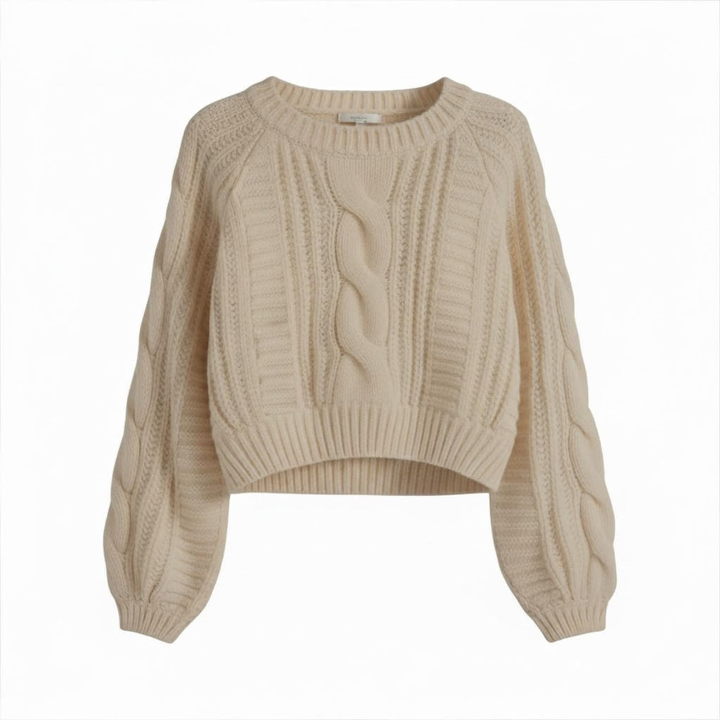 Grewear Women's Cropped Cable Knit Sweater, Soft Long Sleeve Crewneck Pullover, Casual Cozy Knit Top for Fall Winter Outfits, Gift for Women Oatmeal-XS