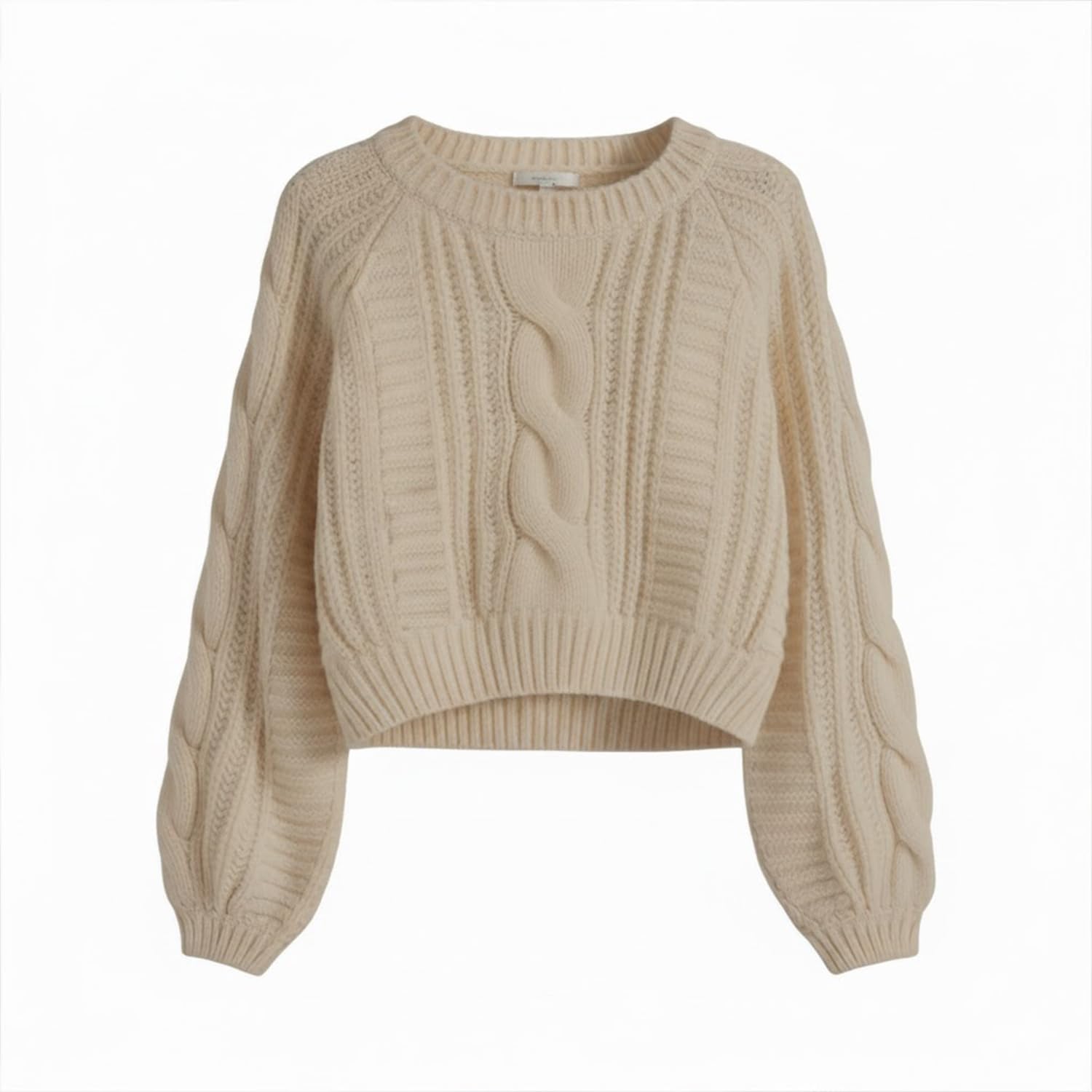 Grewear Women's Cropped Cable Knit Sweater, Soft Long Sleeve Crewneck Pullover, Casual Cozy Knit Top for Fall Winter Outfits, Gift for Women Oatmeal-XS