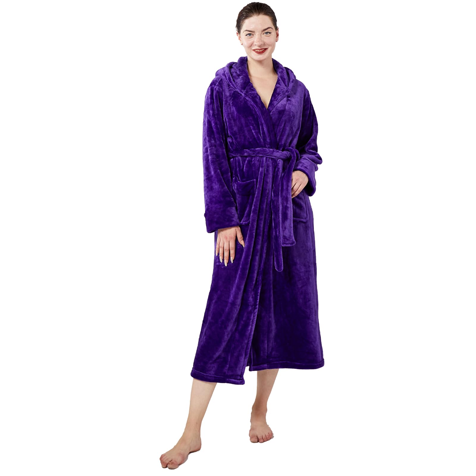 Dowesrobe Womens Fleece Hooded Fluffy Bathrobe Plush Long soft cozy Winner Warm fuzzy Spa Robe with deep pockets(Medium, purple)
