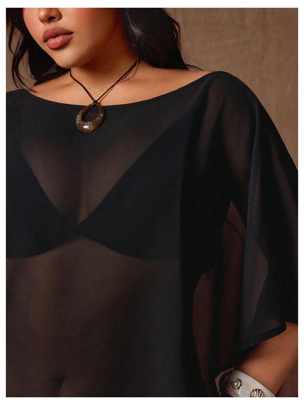 WDIRARA Women's Plus Size Mesh Sheer Poncho Tops Boat Neck See Through Asymmetrical Tee Shirts Black XX-Large Plus