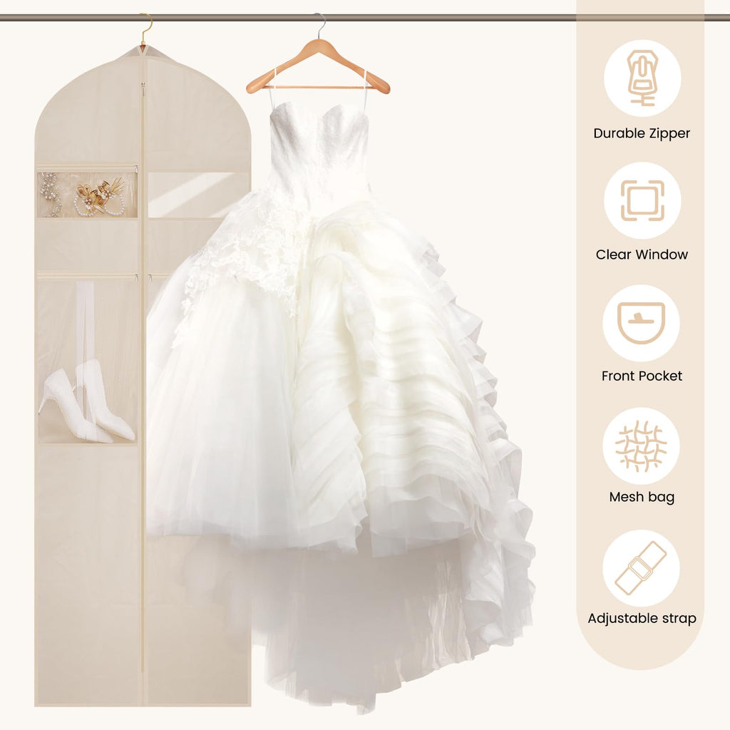 TANGKA Wedding Dress Garment Bag,72’ Tri-Fold Bridal Gown Bag with 6 Pouches and Adjustable Buckle Gown Cover for Wedding/Prom/Travel/Closet Storage (Beige)