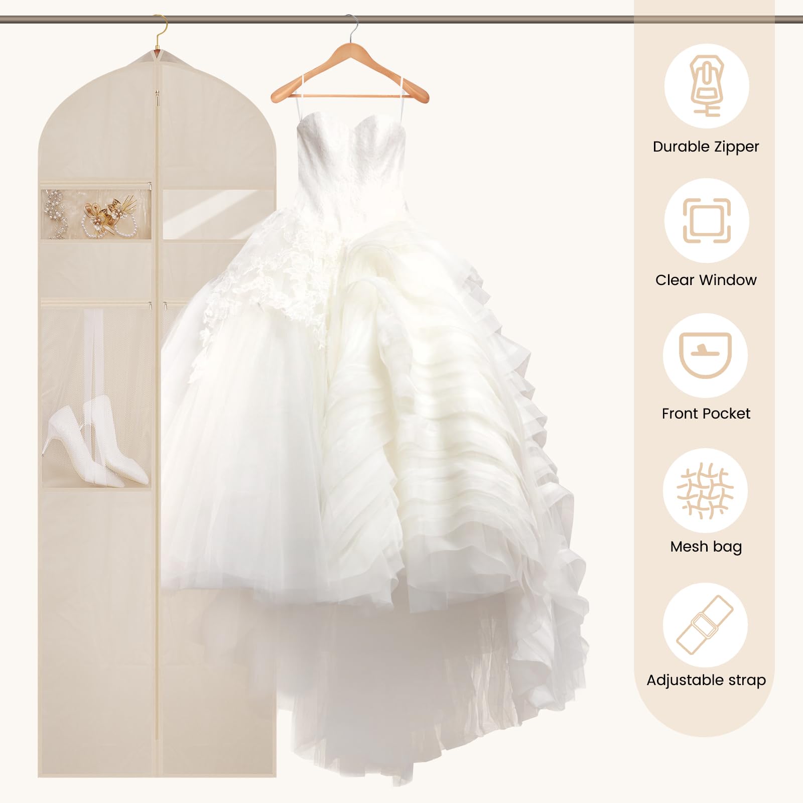 TANGKA Wedding Dress Garment Bag,72’ Tri-Fold Bridal Gown Bag with 6 Pouches and Adjustable Buckle Gown Cover for Wedding/Prom/Travel/Closet Storage (Beige)