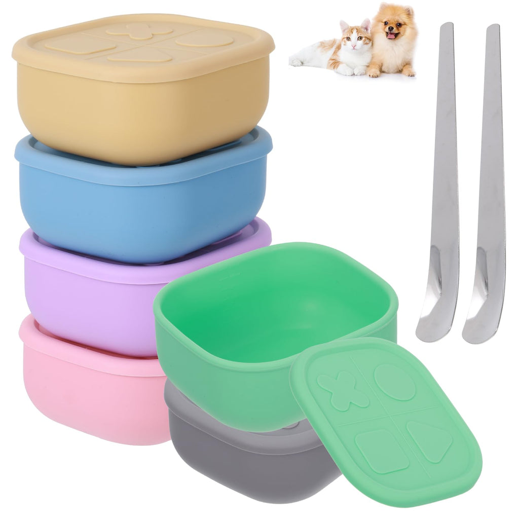 Wenceda 6 Packs Silicone Airtight Pets Food Storage Containers with Lids 12.85ozs Dog Cats Food Storage with 2pcs Steel Scoop Leakproof Meal Prep Kit for Canned Pet Food Storage