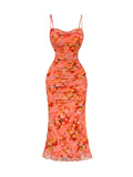 GORGLITTER Women's Floral Spring Summer Wedding Guest Dress Bridal Shower Cocktail Tea Party Beach Midi Sun Dress 2026 Orange Small