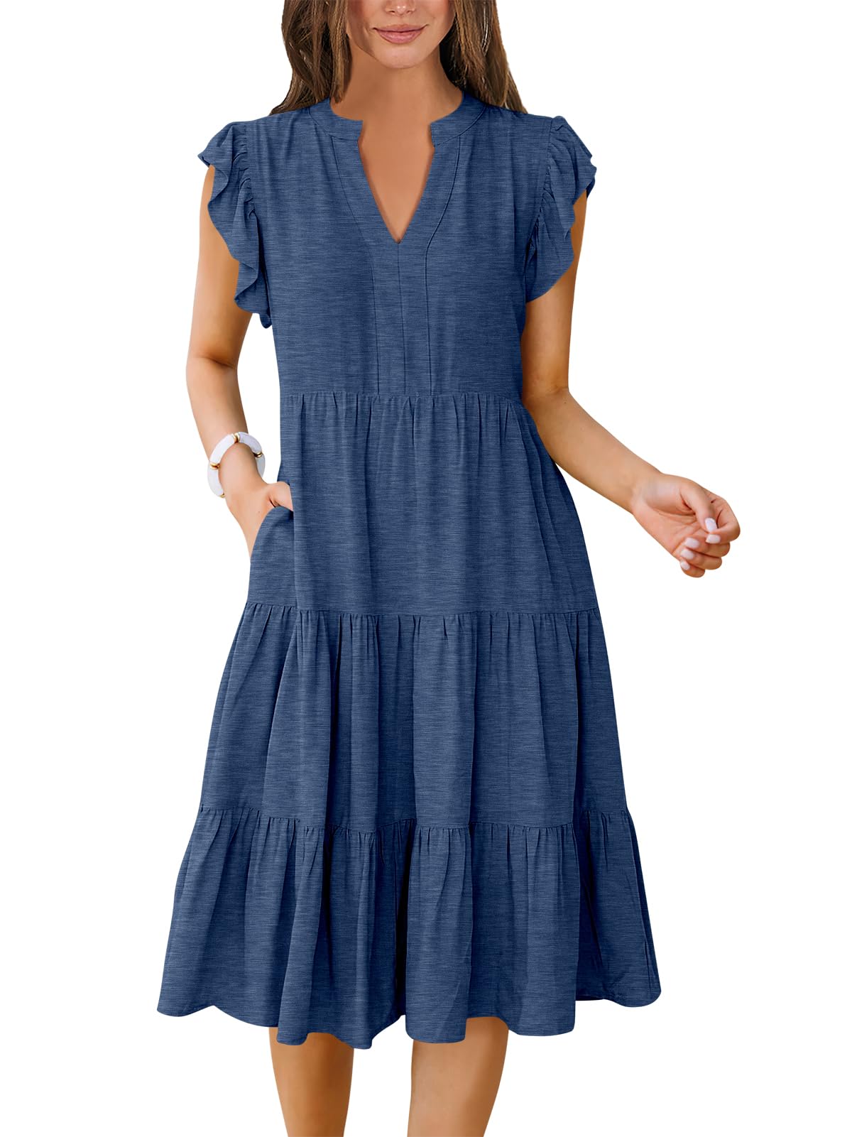ANRABESS Womens Summer Dress Ruffle Sleeve V Neck Midi Dresses Fashion Casual Fit Flowy Tiered Boho Beach Vacation Sundress Blue-L