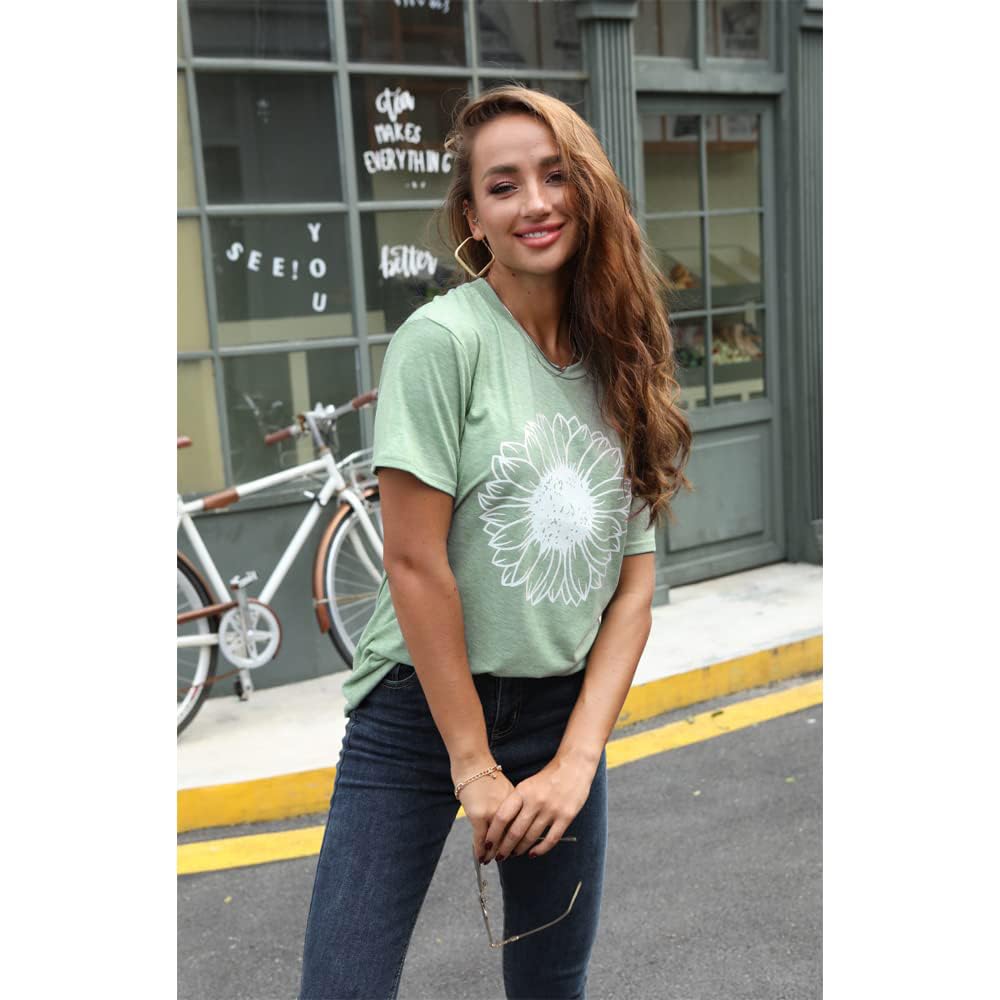 GLIGLITTR Women's Summer Sunflower T Shirt Cute Flower Graphic Loose Tees Crew Neck Short Sleeve Casual Tops (Light Green, Large)