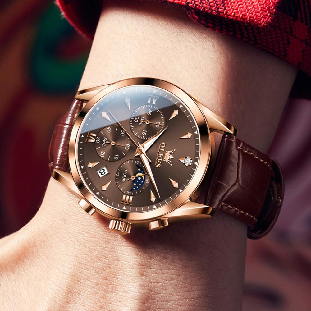 OLEVS Brown Watches for Men Classic Multifunction Chronograph Mens Watches Moon Phase Luminous Waterproof Dress Men's Wrist Watch Luxury Analog Quartz Date Relojes para Hombres