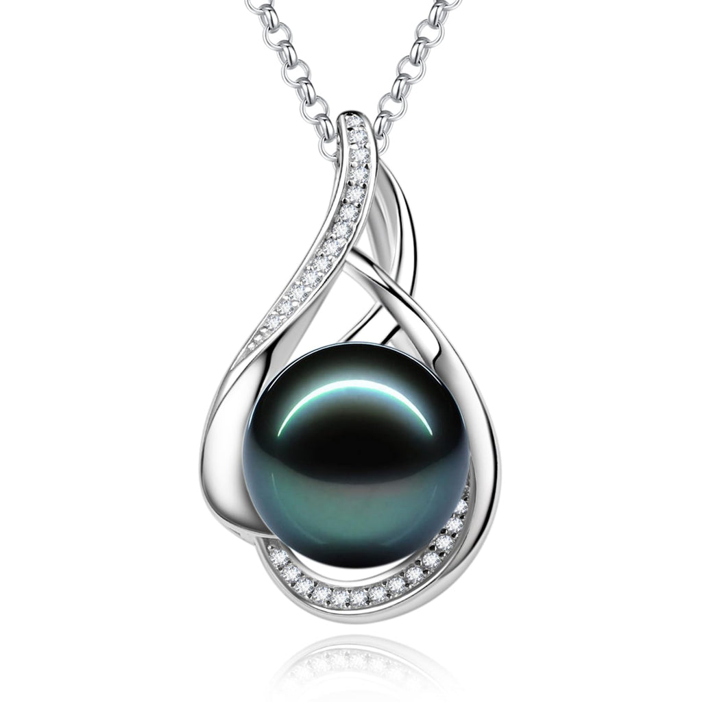 FANCIME Gift for Women Wife Natural Tahitian Pearl Necklace Sterling Silver Vahine Charm 10-12MM Black Pearl Luxury Jewelry Gift for Women, Mother, Wife, 16"+2" Adjustable