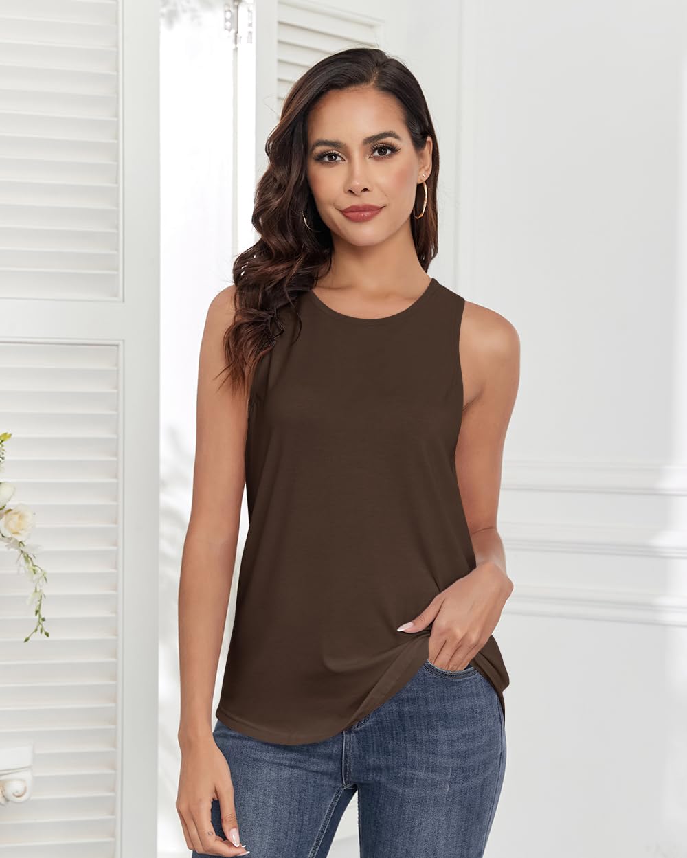 Smile Fish Women Crewneck Flowy Loose Fit Tank Top Sleeveless Summer Tops Shirts Cotton Chocalte Brown,L