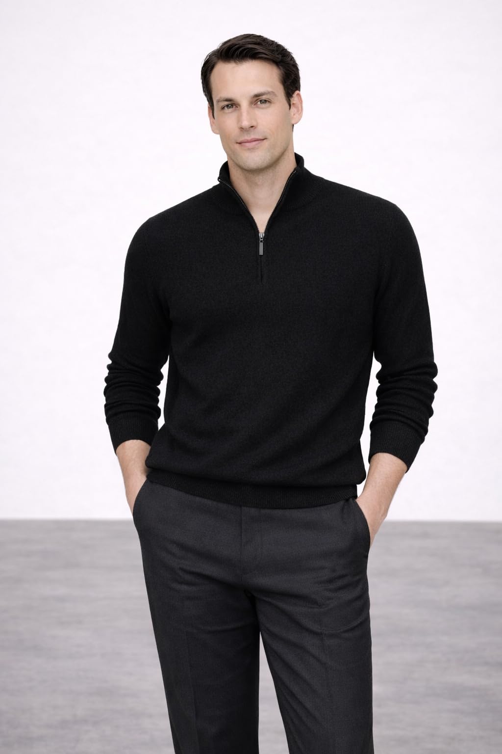 State Cashmere Men's Half Zip Mock Neck Sweater 100% Pure Cashmere Polo Neck Pullover (Black, Medium)