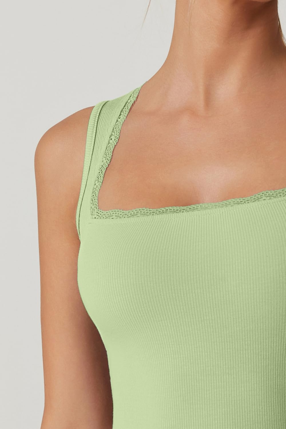 QINSEN Women's Square Neck with Lace Detail Long Maxi Dress Sleeveless Lounge Ribbed Full Length Dresses Green S