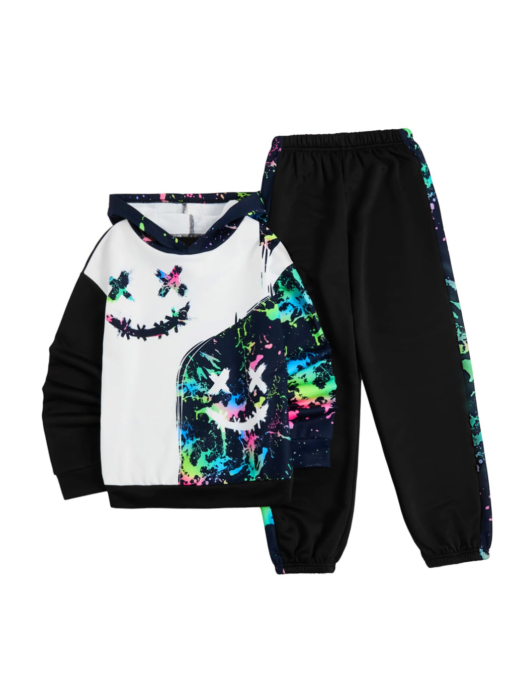 WDIRARA Boy's 2 Piece Outfits Colorful Graphic Print Long Sleeve Hoodie and Sweatpants Set Tracksuit Black and White 6Y