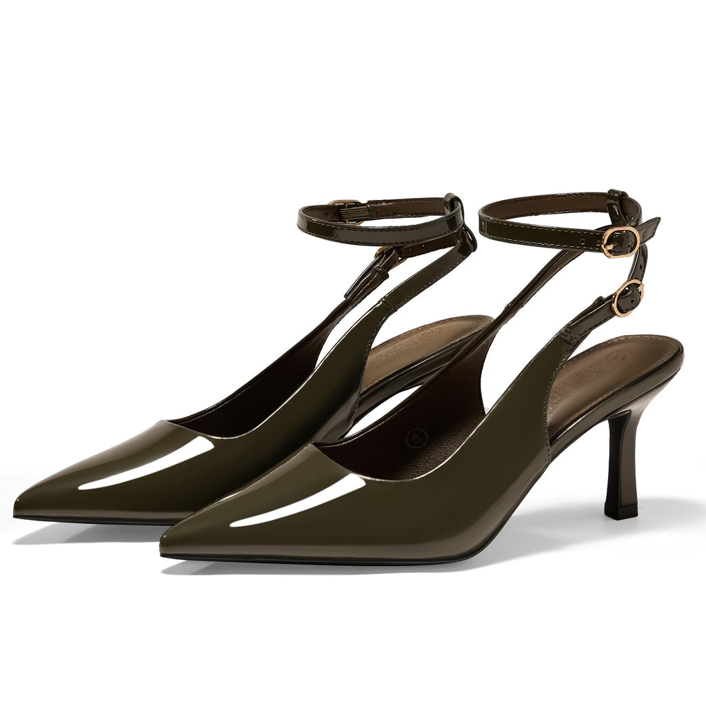 GotSoft Womens Pointed Toe High Heels Slingback Stiletto Ankle Strap Pumps Dress Shoes, Army Green, Size 6