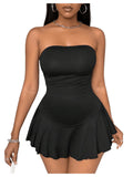 WDIRARA Women's Strapless Tube Romper Dress Ruched Waist Ruffle Tiered Layer Party Mini Dresses Black Medium