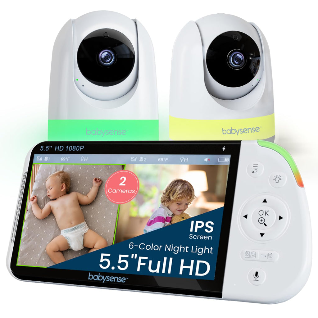 Babysense Full HD 5.5" Split Screen Baby Monitor with 2 Cameras, 6-Color Night Light, White Noise, Sound & Light Machine, 20-Hour Battery, Hack-Proof Non-WiFi Secure Connection