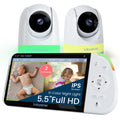 Babysense Full HD 5.5" Split Screen Baby Monitor with 2 Cameras, 6-Color Night Light, White Noise, Sound & Light Machine, 20-Hour Battery, Hack-Proof Non-WiFi Secure Connection