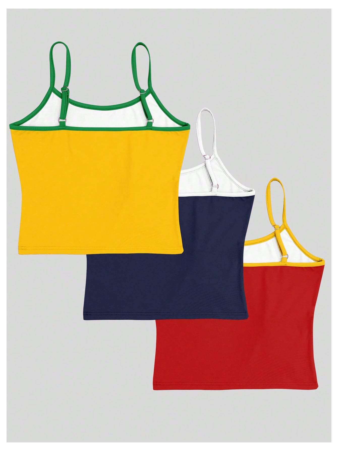 WDIRARA Women's 3 Pack Letter Graphic Camisole Tops Contrast Trim Y2k Cami Tops Yellow Blue Red X-Large