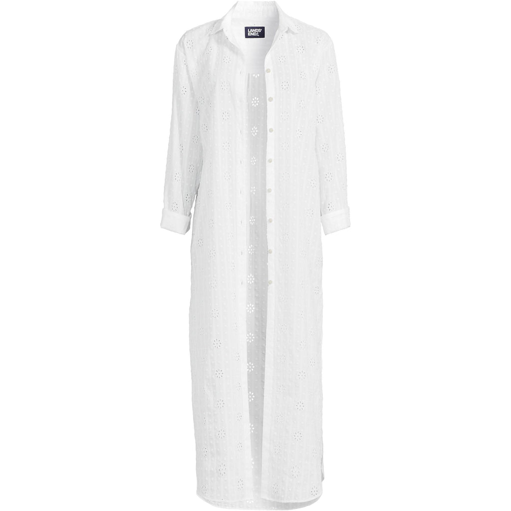 Lands' End Women's Eyelet Button Down Maxi Cover-up Dress X-Small White