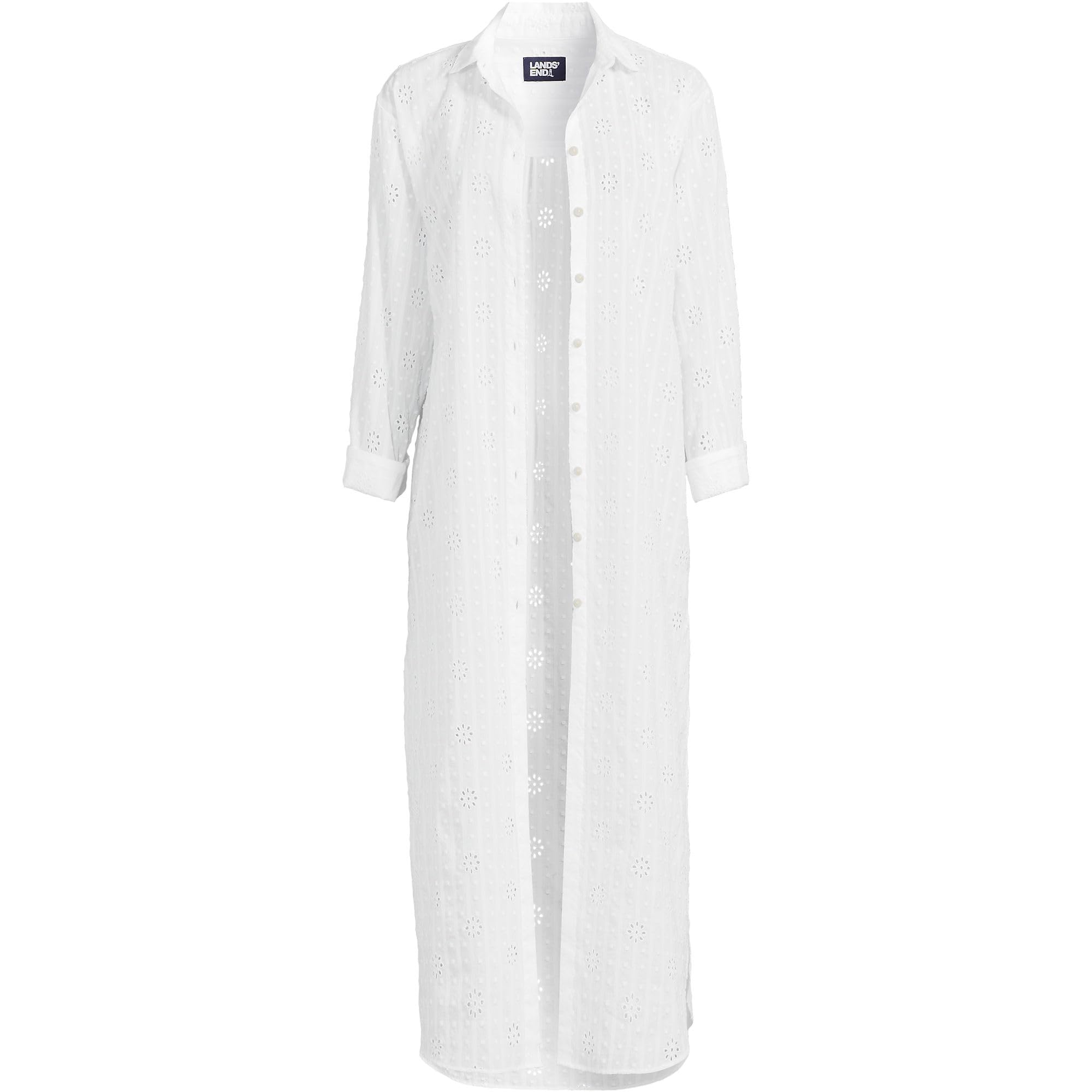 Lands' End Women's Eyelet Button Down Maxi Cover-up Dress X-Small White