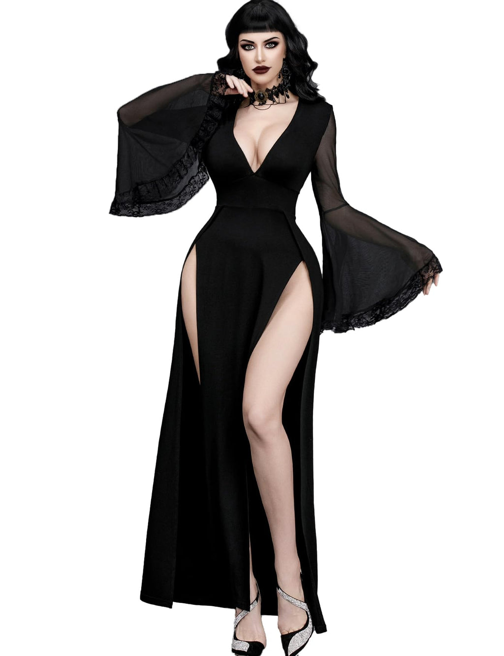 InGoticos Women Gothic V Neck High Slit Witch Sleeve Lace Patchwork Ghost Bridal Goth Dress Without Corset Black
