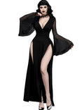 InGoticos Women Gothic V Neck High Slit Witch Sleeve Lace Patchwork Ghost Bridal Goth Dress Without Corset Black