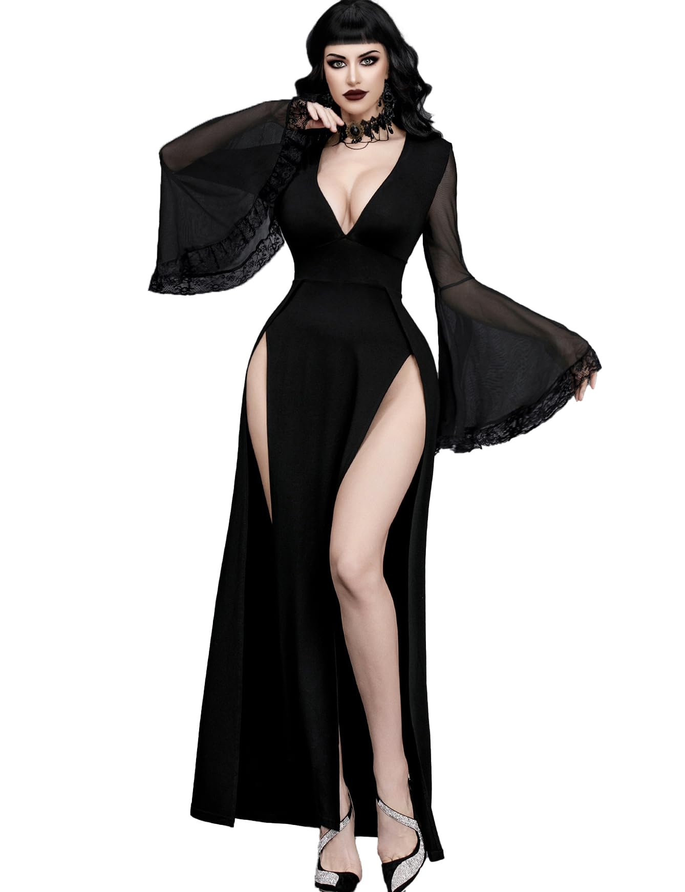 InGoticos Women Gothic V Neck High Slit Witch Sleeve Lace Patchwork Ghost Bridal Goth Dress Without Corset Black